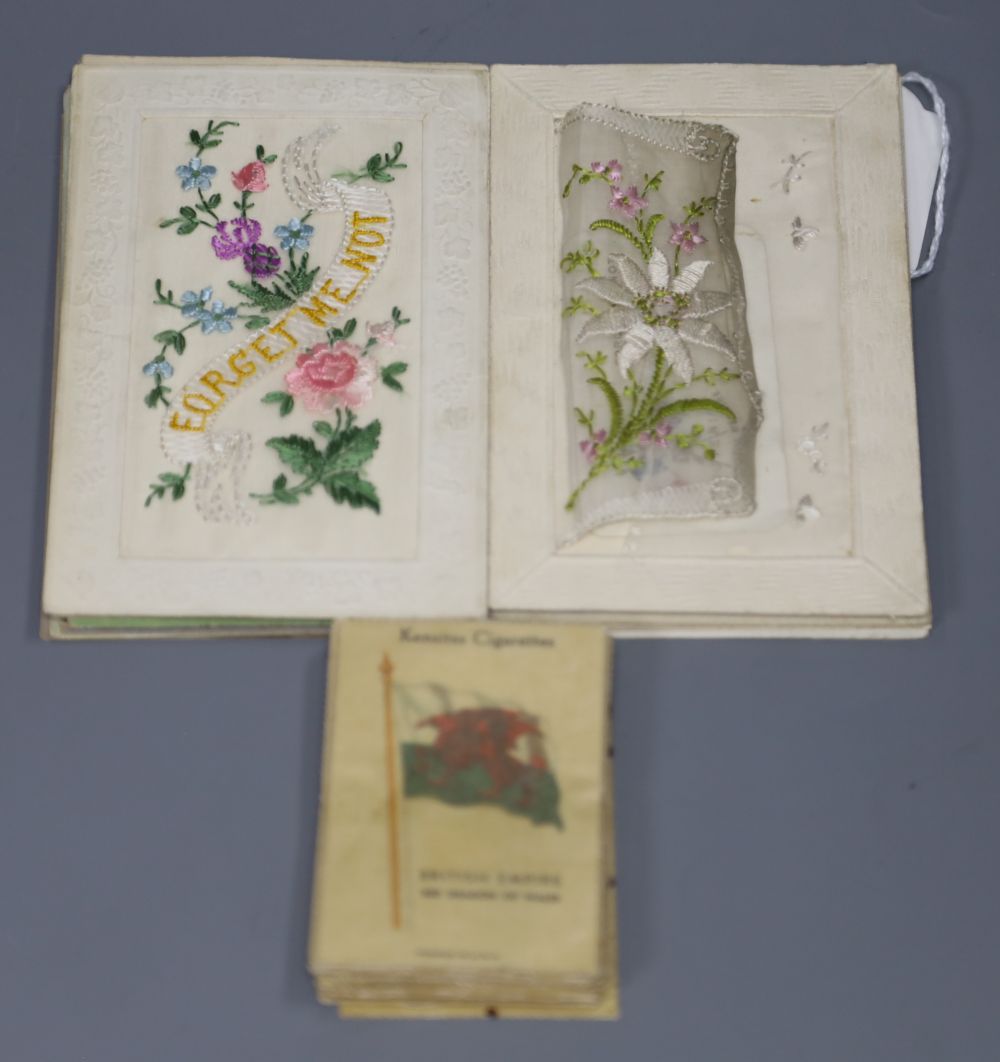 A collection of nine WWI machine embroidered silk postcards, other silks and postcards